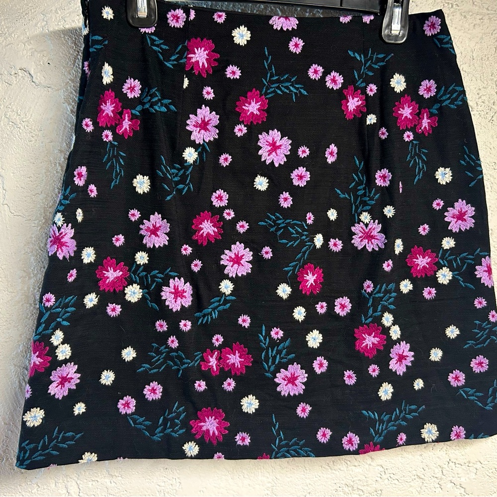 Loft mini skirt, black with blue and lavender flower embroidery